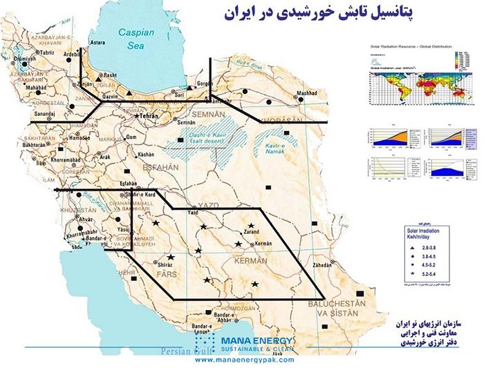 نقشه پتانسل تابش خورشیدی در ایران